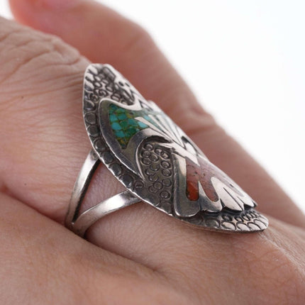 sz7.5 Vintage Native American sterling chip inlay bird ring