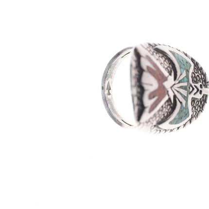 尺寸 7.5 复古美洲原住民纯银芯片镶嵌仙人掌鸟戒指