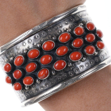 6 5/8" Vintage Native American Silver and Mediterranean coral bracelet