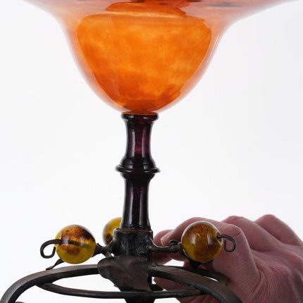 1920 年代法国施耐德艺术玻璃蜜饯，带金属支架玻璃球
