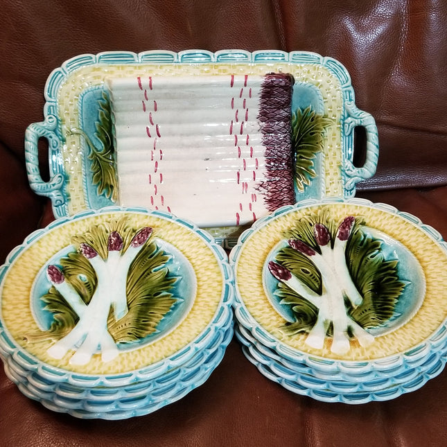 Antique Majolica Asparagus Serving Set with Basketweave Border 9 pc c.1890