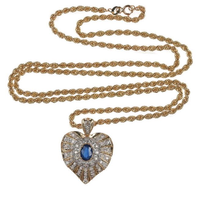 24" 14k Rope With Sapphire and diamond heart pendant