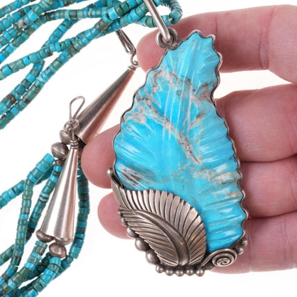 Navajo Calvin Martinez Sterling and carved turquoise pendant and 4 strand heishi