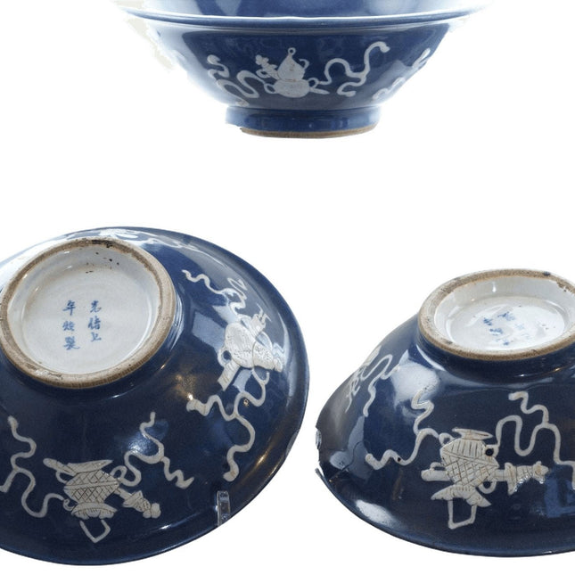 Qing Chinese Blue/White Slip Decorated bowls