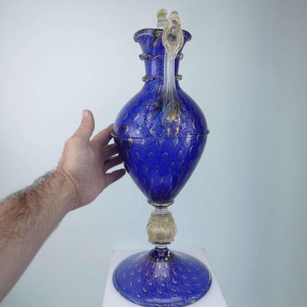 Vintage Venetian cobalt blue gold and controlled bubbles ewer form sculptural va