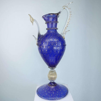 Vintage Venetian cobalt blue gold and controlled bubbles ewer form sculptural va