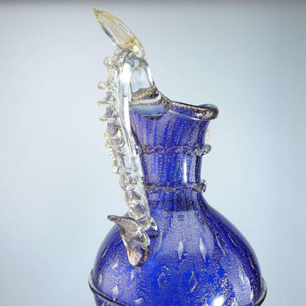 Vintage Venetian cobalt blue gold and controlled bubbles ewer form sculptural va