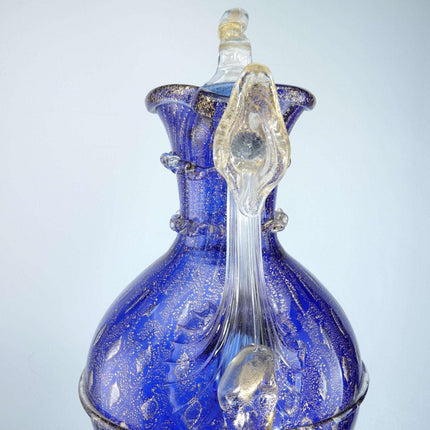 Vintage Venetian cobalt blue gold and controlled bubbles ewer form sculptural va