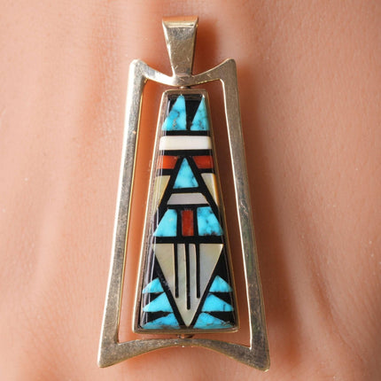 Native American 14k Gold Spiderweb turquoise/Channel inlay spinner pendant