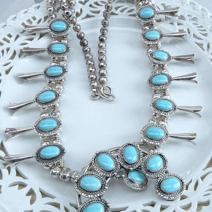 Philbert Secatero Navajo Sterling and Turquoise Squash Blossom Necklace
