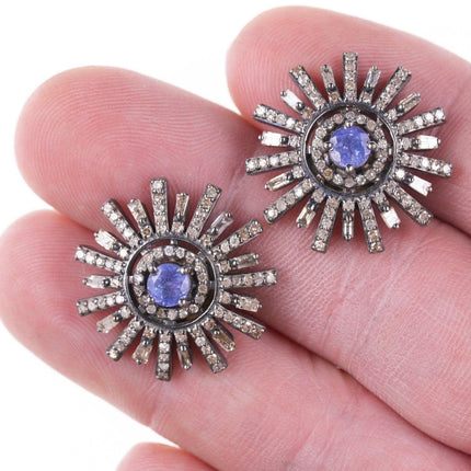 Antique Art Deco Tanzanite and diamond earrings set in silver with 14k gold post