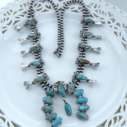 Navajo Sterling and TurquoiseSquash Blossom Necklace
