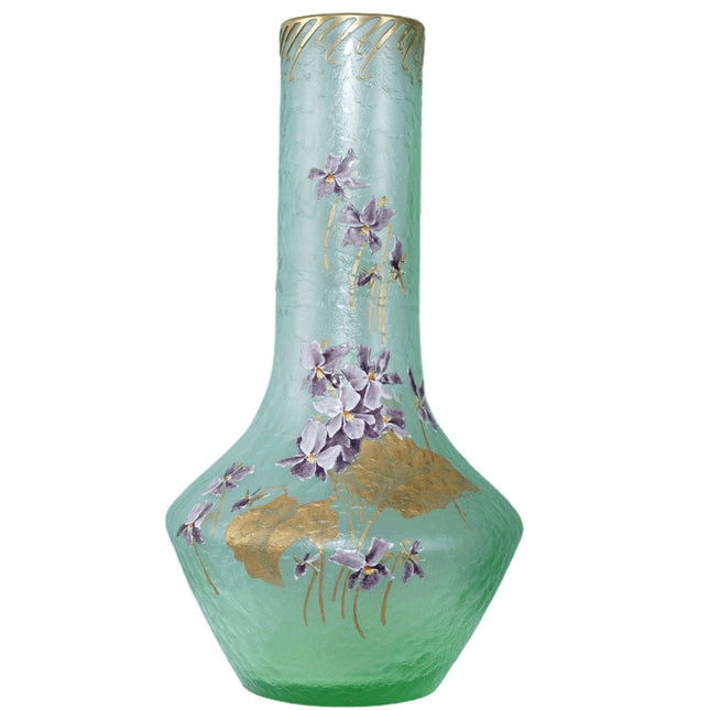 大號 c1900 法國 Mont Joye 浮雕藝術玻璃花瓶，手工琺瑯裝飾