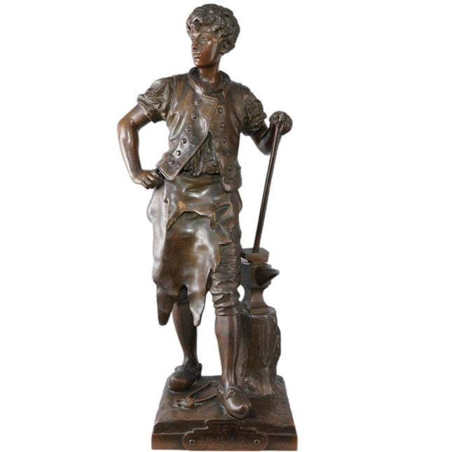 20" Eutrope Bouret(1833-1906) French Bronze Blacksmith Sculpture "Le Travail"