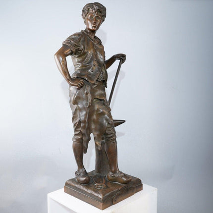 20" Eutrope Bouret(1833-1906) French Bronze Blacksmith Sculpture "Le Travail"