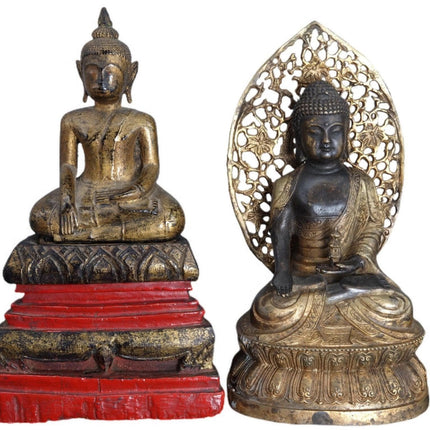 2 antike asiatische Buddha-Figuren aus Bronze und Holz