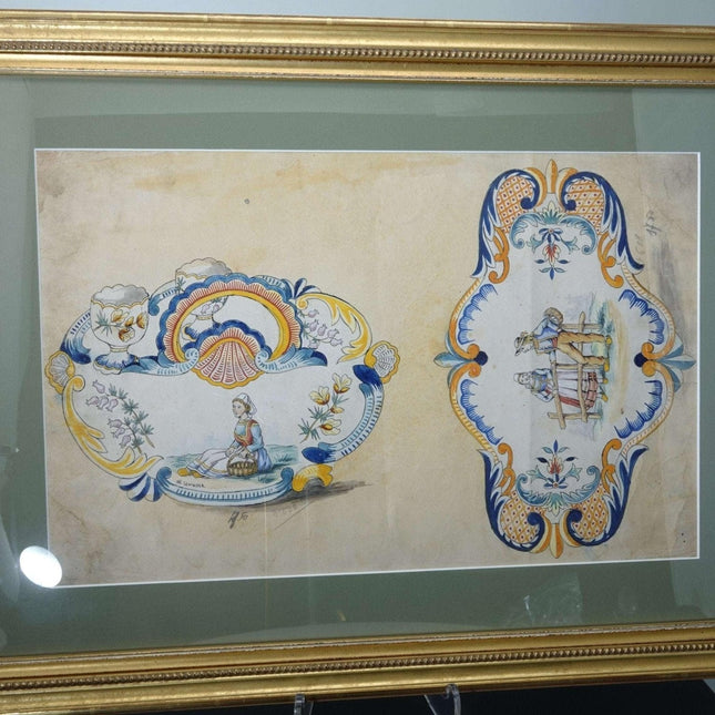 c1900 Henriot Quimper Prototype Watercolor Sheet from the Factory