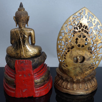 2 antike asiatische Buddha-Figuren aus Bronze und Holz