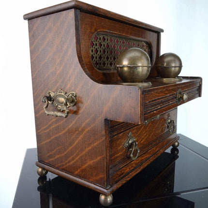 c1890 Quarter Sawn Oak Piano Form Desk Caddy with double inkwell