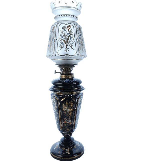 c1880 Bohemian black glass Hand Enameled Butterflies Electrified Oil lamp