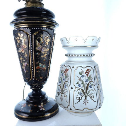 c1880 Bohemian black glass Hand Enameled Butterflies Electrified Oil lamp