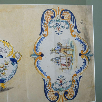 c1900 Henriot Quimper Prototype Watercolor Sheet from the Factory