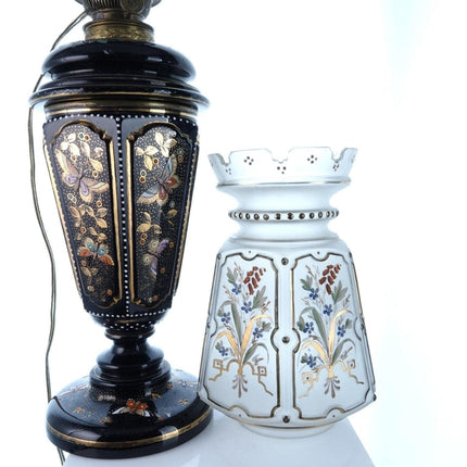 c1880 Bohemian black glass Hand Enameled Butterflies Electrified Oil lamp