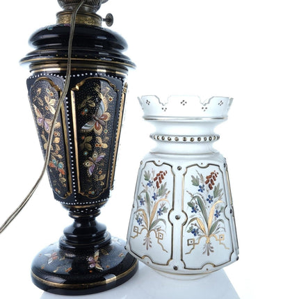 c1880 Bohemian black glass Hand Enameled Butterflies Electrified Oil lamp