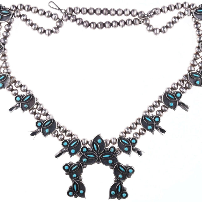 Vintage Zuni Petit point turquoise sterling squash blossom necklace