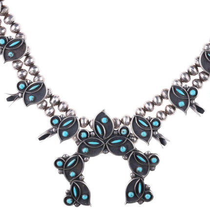 Vintage Zuni Petit point turquoise sterling squash blossom necklace