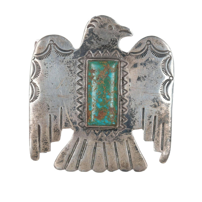 Fibbia della cintura Thunderbird in argento stampato Navajo n. 8 turchese degli anni '30 circa