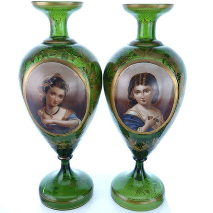 c1880 Antique Moser Portrait Urns Pair