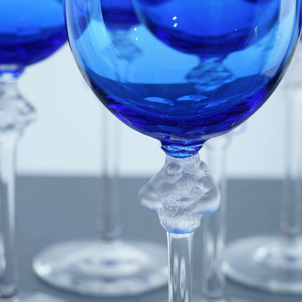 Set 4 French Lalique Roxane Blue Burgundy Wine set in box