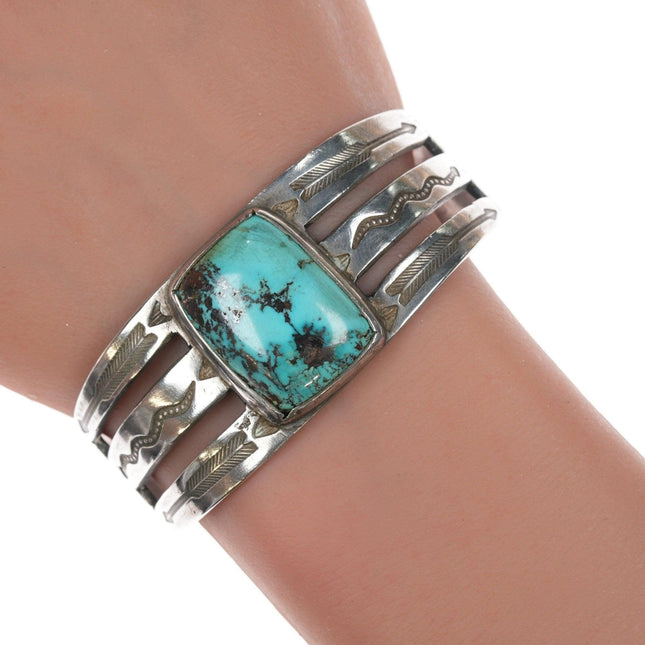 6.5" c1930's Navajo Ingot Silver and turquoise bracelet with whirling logs