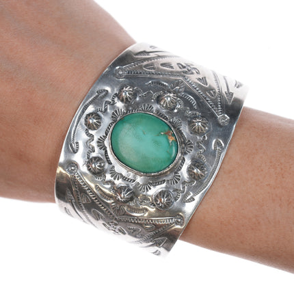 6.75" c1930's Navajo Curio whirling logs cuff bracelet with turquoise