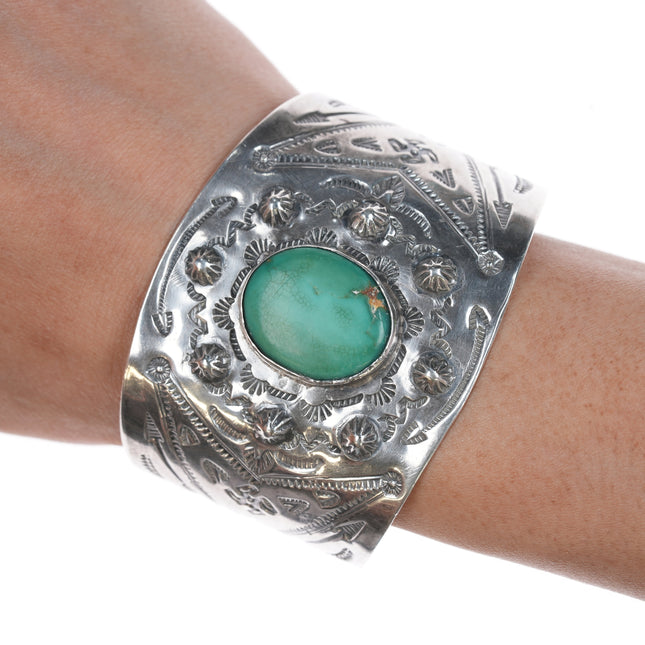 6.75" c1930's Navajo Curio whirling logs cuff bracelet with turquoise