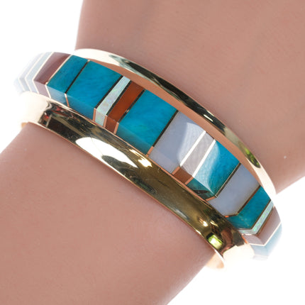 6" Duane Makitma Hopi 14k Gem Silica, Opal, Multi-stone channel inlay cuff bracelet