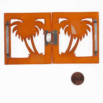 c1940's carved Butterscotch bakelite palm trees belt buckle set