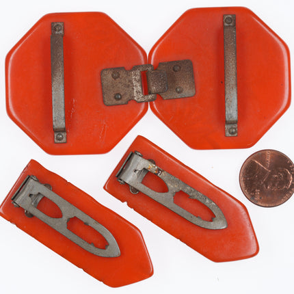 c1940's Deep carved Orange bakelite buckle and dress clip set