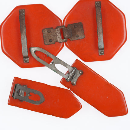 c1940's Deep carved Orange bakelite buckle and dress clip set