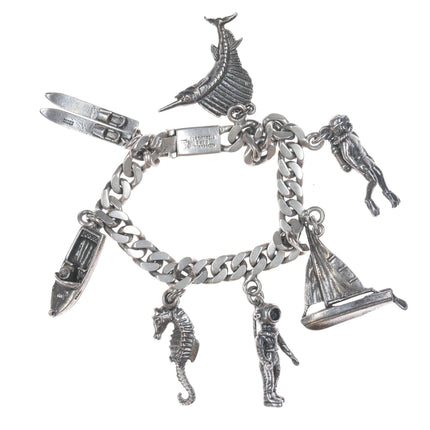 6.75 Mid Century Mexican Sterling Scuba Diving/Nautical Charm bracelet