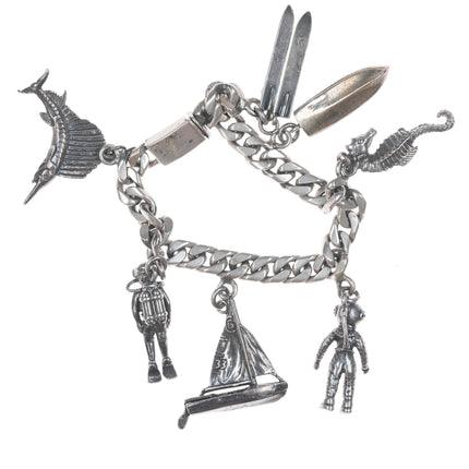 6.75 Mid Century Mexican Sterling Scuba Diving/Nautical Charm bracelet