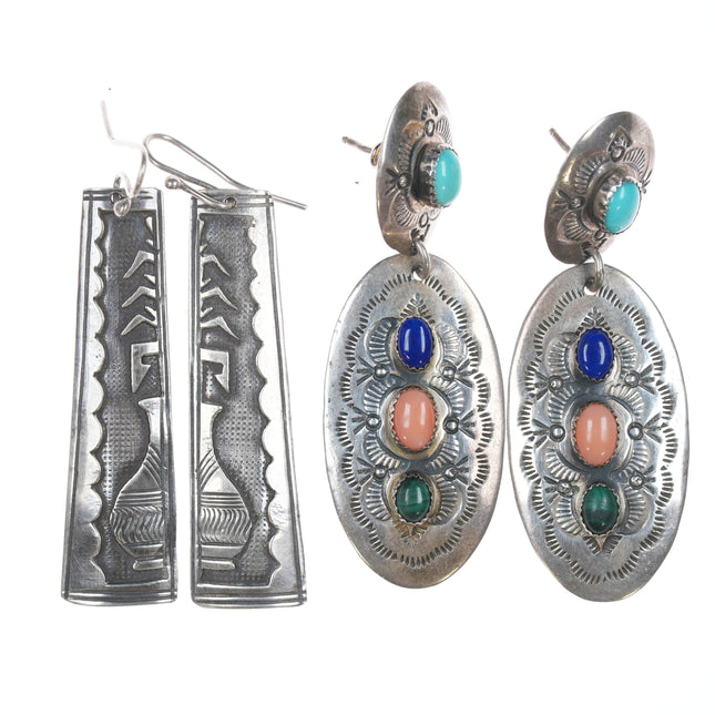 2pr Retro Native American Silver long dangle earrings