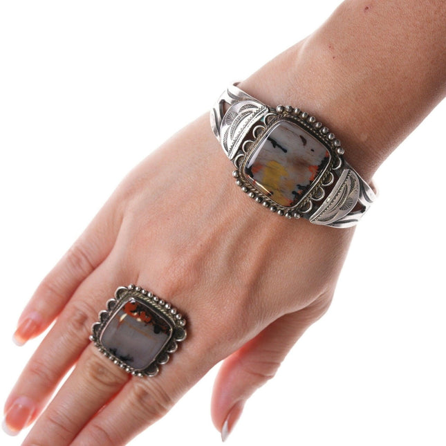 7" Navajo-Armband aus Sterlingsilber und Achat aus den 1940er Jahren mit passendem Ring der Größe 6,75