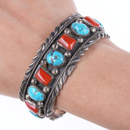 Bracciale vintage Navajo Sadie Randolph Sterling da 7 pollici con turchese e corallo