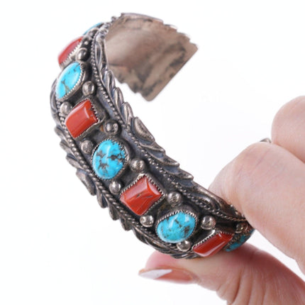 Bracciale vintage Navajo Sadie Randolph Sterling da 7 pollici con turchese e corallo