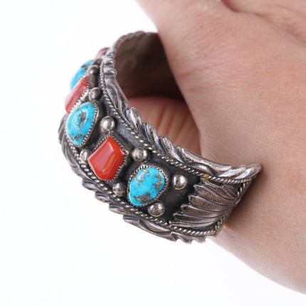 Bracciale vintage Navajo Sadie Randolph Sterling da 7 pollici con turchese e corallo