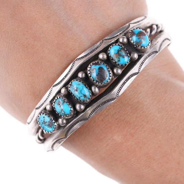 c1950's 6.75" Navajo silver and turquoise twisted wire stamped edge bracelet