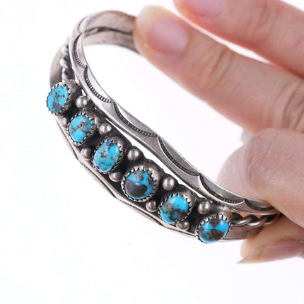 c1950's 6.75" Navajo silver and turquoise twisted wire stamped edge bracelet