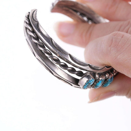 c1950's 6.75" Navajo silver and turquoise twisted wire stamped edge bracelet